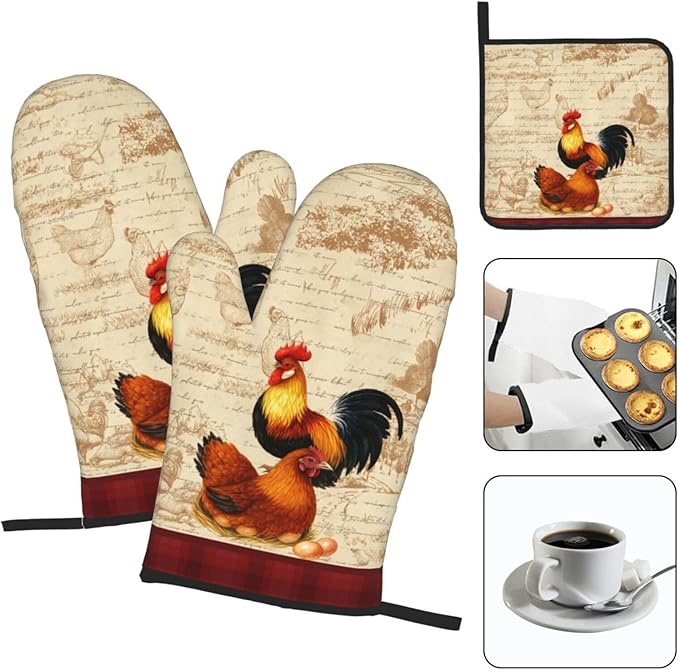 Retro Rustic Pot Holders and Oven Mitts Set of 3, Rooster Chicken Oven Gloves Hot Pads for Baking Cooking Grilling BBQ, Rooster Chicken Decor for Kitchen, Rustic Baking Gifts for Women Chef Baker