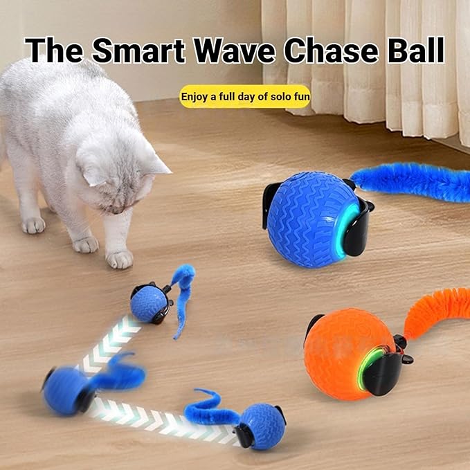 The Smart Wave Chase Ball, 2026 New Revolutionary Smart Chase Ball 3.0, Automatic Moving Kitten Rolling Balls with Tail, Interactive Pet Toys for Bored Indoor Cats (Blue)