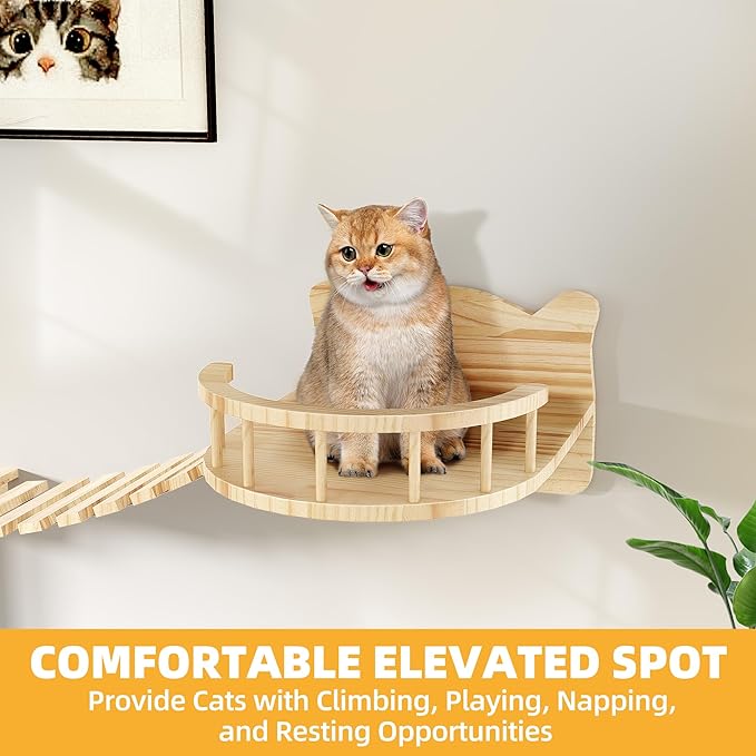 Cat Wall Shelves, Cat Shelves and Perches for Wall, Set of 9 Wooden Cats Shelf Furniture with Scratching Post, House, Condo, Bridge Ladder for Multiple Cats