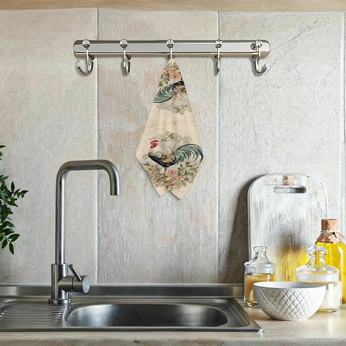 Lovdazzles Vintage Rooster Kitchen Towels, Rustic Decorative Absorbent Microfiber Dish Cloth Tea Towel, Chicken Waffle Soft Hand Towels for Farmhouse Home Bathroom Kitchen Decor, Rooster Gifts