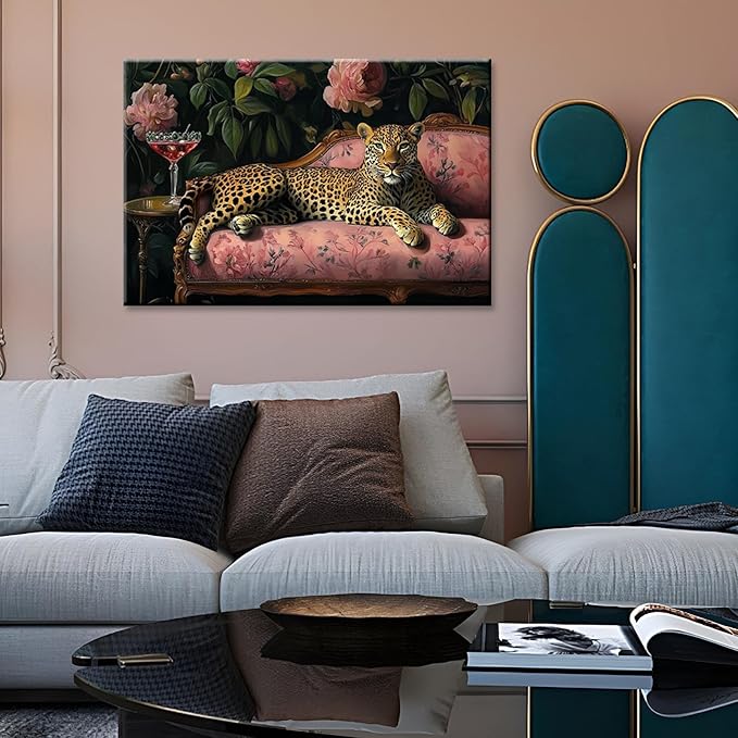 Leopard With Martini Wrapped Framed Print Poster Whimsical Animal Art Bar Cart Decor Wall Art Room Decor Aesthetics Ready To Hang 12X18 inch