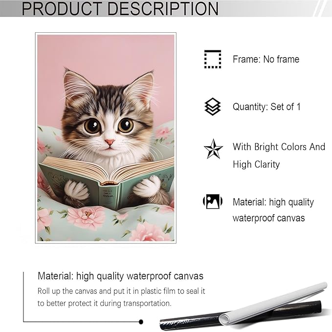 Trendy Cat Reading In Bed Canvas Wall Art Funny Pink Flower Animal Poster Funky Cat Lovers Monet Minimalist Prints Painting For Home Bedroom Kids Room Dorm Wall Decor 24x36in Unframed