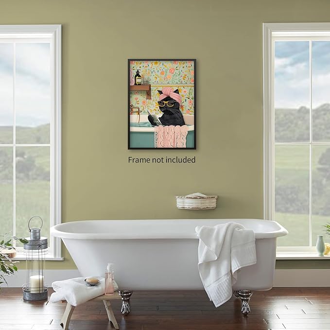 OMANI Funny Black Cat Bathroom Wall Art Cute Animal Reading Poster Trendy Preppy Aesthetic Canvas Prints for Living Room Bedroom Toilet Kids Room Wall Decor 16x24 inch Unframed