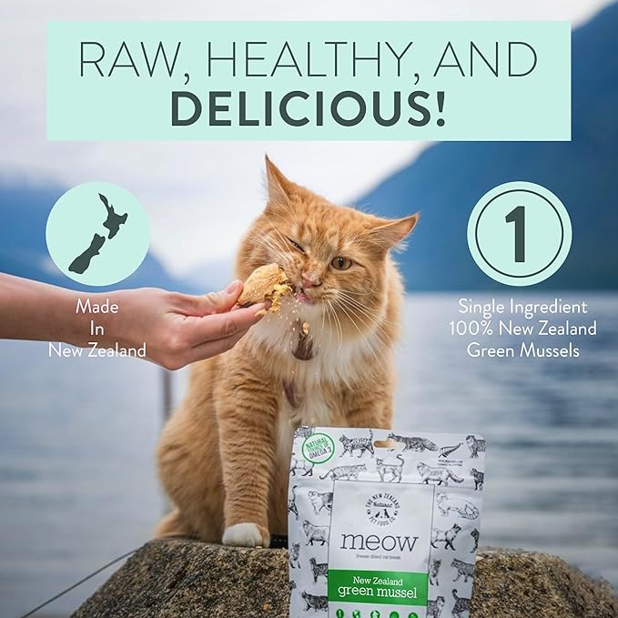 The New Zealand Natural Pet Food Co. Meow Freeze Dried Cat Treats - New Zealand Green Mussel, High Protein, Healthy Cat Snacks and Toppers, All Natural for All Life Stages, 1.76 oz