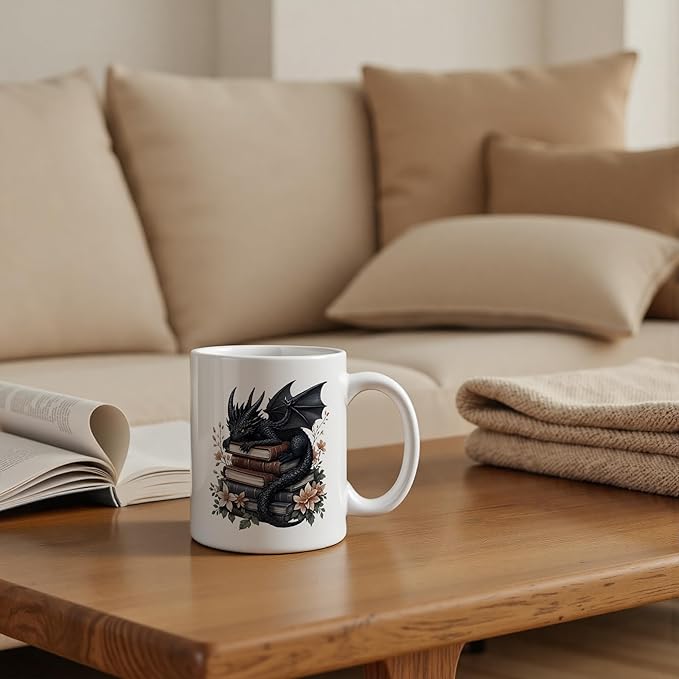 Book Lover Mug 11 oz, Book Lover Gifts for Women, Bookish Reader Bookworm Gifts Coffee Cups Ceramic, Black Floral Dragon Ceramic Mug for Coffee Tea Hot Cocoa Home Office Work