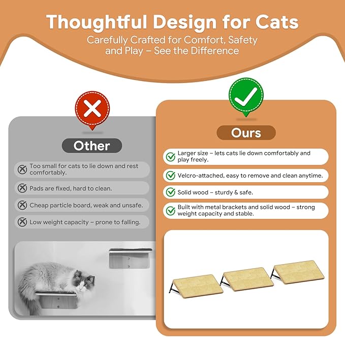 3Pcs 16.5"×10" Large Cat Wall Shelves - Wall Mounted Cat Shelves, Natural Wood with Fixtures for Large Cats and Kittens for Household Pets Sleeping, Playing, Climbing