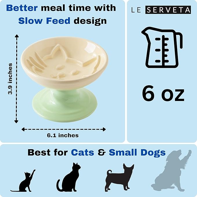 Elevated Twisting Design Cat Food Slow Feeder, Ceramic Raised Cat Dishes with Decorative Twisting Design Stand, Macaron Colors, Slow Feed Design (Yellow Green)