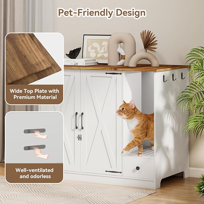 YUSING Large/Tall Cat Litter Enclosure, Litter Box Furniture Hidden, Cat Litter Box Enclosure Cabinet Large with Double Doors and Pull-Out Drawer for Self-Cleaning Litter Boxes