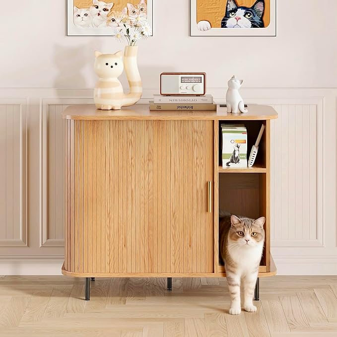 Large Litter Box Enclosure with Charging Station for Automatic Litter Box & Cat Robot 3/4, Hidden Litter Box Furniture with Dog-Proof Shelf, Scratch Pad, Wooden Cat Box Enclosure, Natural
