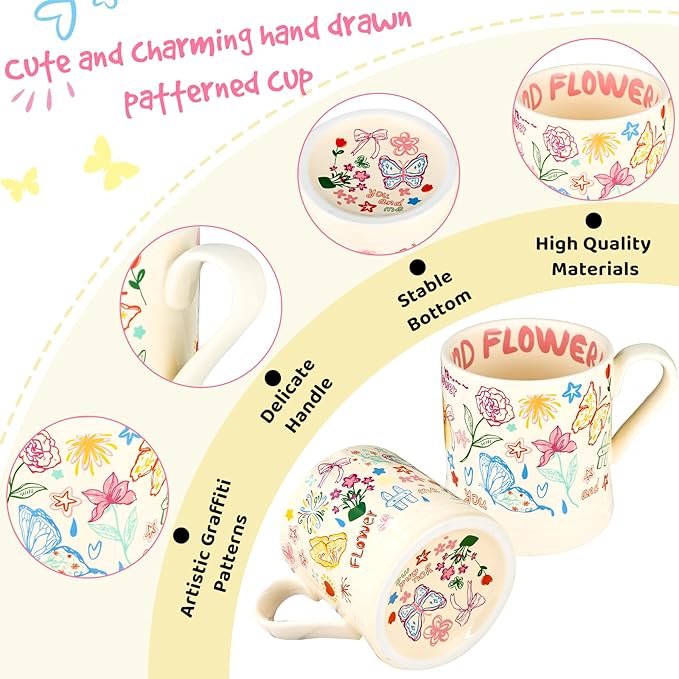 Flower Mug, Butterfly Gifts for Women, Funny Aesthetic Ceramic Cup for Cappuccino Espresso Tea Milk Juice, Cute Coffee Mug for Christmas Holiday Party, Dishwasher Safe