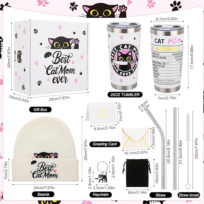 6 Pcs Cat Mom Gifts for Women Include Cute Cat Beanie 20 Oz Tumbler Greeting Cards Keychain Storage Bag Gift box for Birthdays Mother's Day Christmas