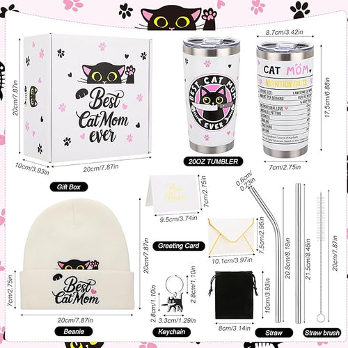 6 Pcs Cat Mom Gifts for Women Include Cute Cat Beanie 20 Oz Tumbler Greeting Cards Keychain Storage Bag Gift box for Birthdays Mother's Day Christmas