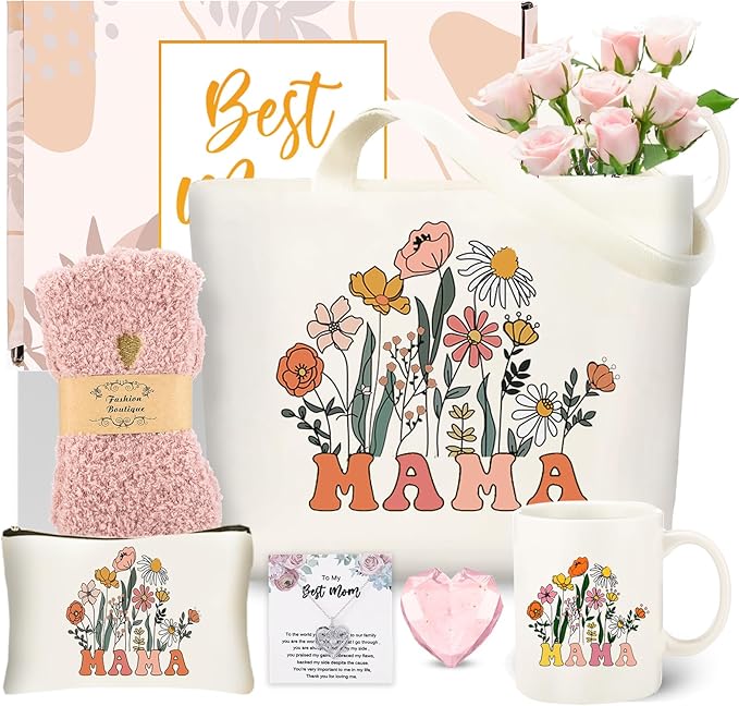 DHQH Mother’s Day Gifts for Mom from Daughter Son, Mama Birthday Gifts Set, 11oz Coffee Mug with Tote Bag, Mama Necklace for Women