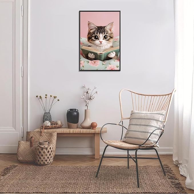 Trendy Cat Reading In Bed Canvas Wall Art Funny Pink Flower Animal Poster Funky Cat Lovers Monet Minimalist Prints Painting For Home Bedroom Kids Room Dorm Wall Decor 16x24in Framed
