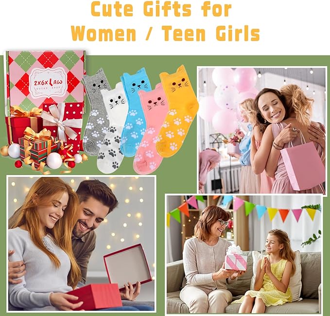 ZXGXLAW 5 Pack Women's Cat Socks Colorful Cute Funny Crew Socks,Novelty Gifts for Teenage Girls Girlfriend Animal Lovers