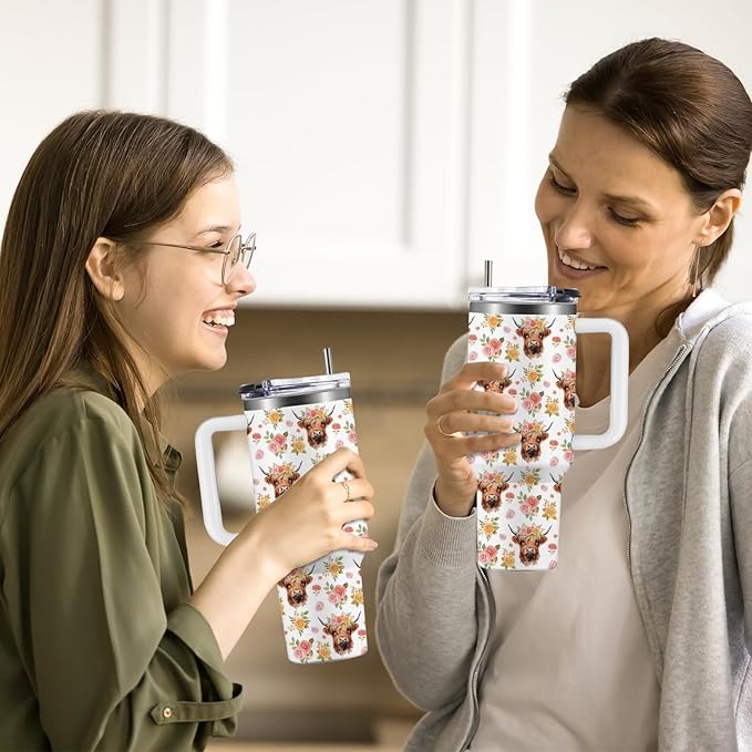 Highland Cow Tumbler 40oz, Cow Gifts for Woman for Cowgirls, Farming Gifts for Female Farmers for Cowgirl, Floral Cup Highland Cows Gift Travel Insulated Stainless Steel Coffee Travel Mug