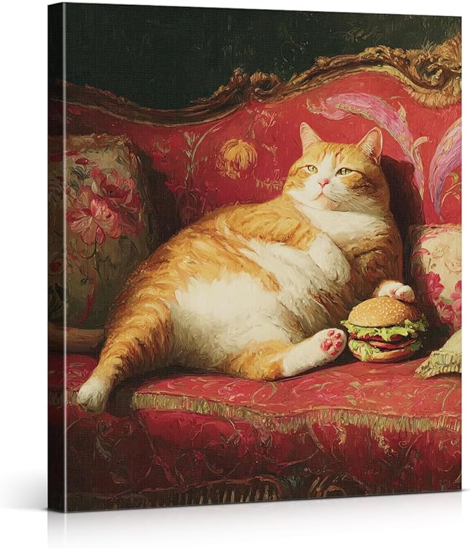 Vintage Fat Cat Wall Art Decor Funny Lazy Cat with Hamburger Print Picture Cat Lover Gifts Wall Decor for Home Living Room 8x10 Inch Canvas Framed