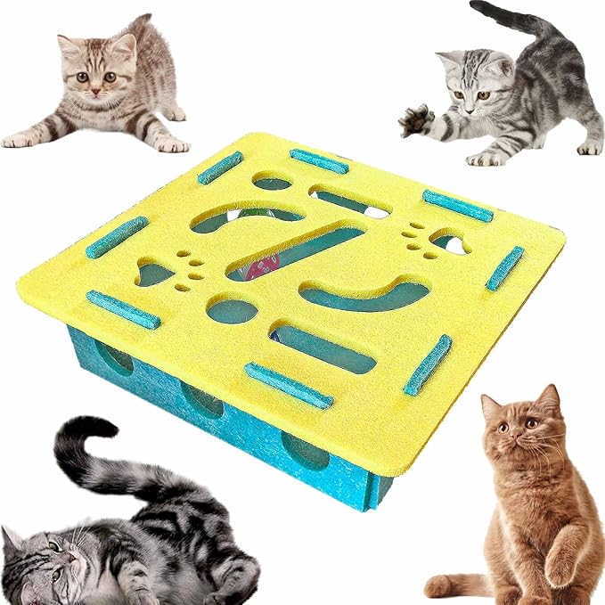Cat Scratch Pad Toy with Ball Felt Cat for Indoor Cats (Yellow Blue No.1)