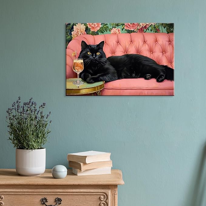 Black Cat With Martini Wrapped Framed Print Poster Pet Art Bar Cart Decor Cat Lover Gift Wall Art Room Decor Aesthetics Ready To Hang 16X24 inch
