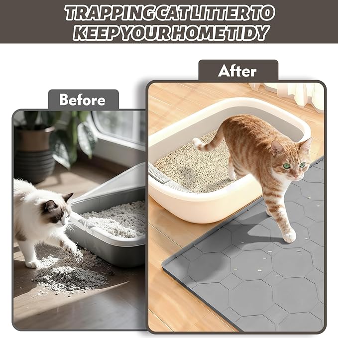 Extra-Large Cat Litter Mat, 38“ x 26” Soft Silicone Cat Litter Trapping Mat for Cat Paws, Waterproof and Non-Slip, Urine-Resistant & Easy to Clean (Gray)