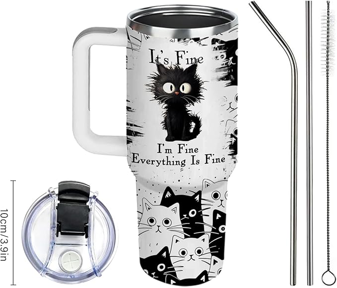 Cat Lover Gifts, Gift for Cats Lovers Women Men Girls Funny 30oz Black Cats Themed Tumbler Cups with Handle - Everything Is Fine Mug, Christmas Birthday Gift for Black Cat Mom Lady Gifts Cup