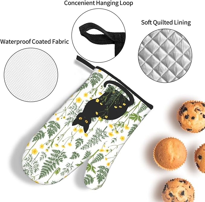 Black Cat Wildflower Hot Pads and Oven Mitts Set of 3, Spring Summer Plants Kitchen Decor Potholders and Oven Mitts, Baking and Cooking Gifts for Chef Baker, Black Cat Gifts for Women & Kitchen Decor