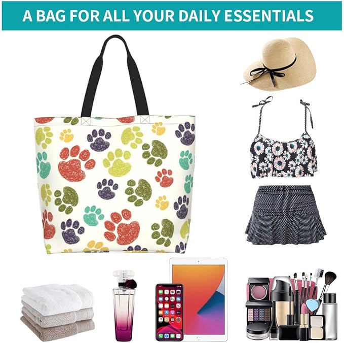 Colorful Paw Print Tote Bag for Women, Cute Dog Cat Paws Print Purse Gifts for Cat Dog Lovers, Shoulder Reusable Shopping Handbags Casual Travel Polyester Summer Beach Grocery Bag Holiday Gifts