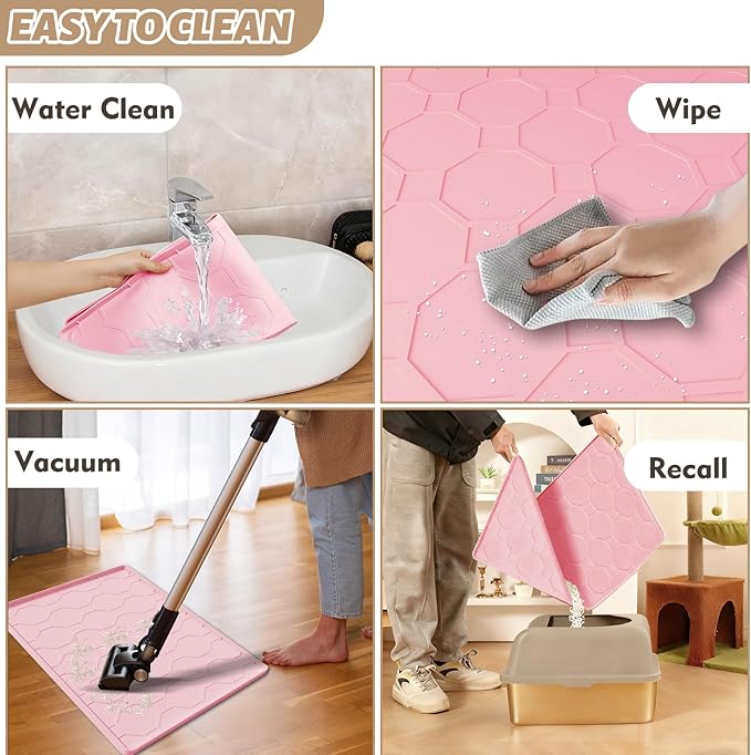 Silicone Cat Litter Mat for Litter Box-28" X 22" Litter Mat for Cat, Waterproof & Leak-Proof Trapping Design, Non-Slip Durable Easy to clean (Pink)