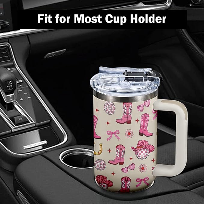 Cowgirl Pink Tumbler 40oz with Handle - Western Gifts for Women, Insulated Travel Mug, Cow Print Water Bottle, Country Girl Stuff for Horse Lovers Rodeo Mom, Christmas Birthday Present