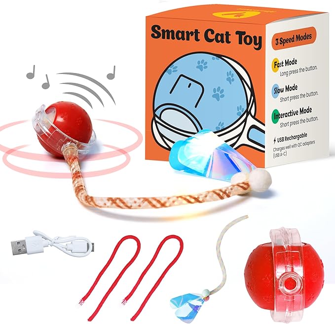 Interactive Cat Toys for Indoor Cats with Feather, Rechargeable Automatic Cat Toy Keeps Your Cat Active & Engaged, Durable & Safe Speedy Tail 2.0 Cat Toy (Red)