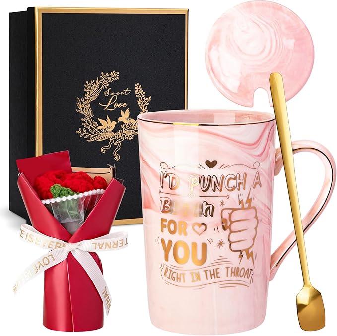 Mothers Day Gifts for Mom Wife from Daughter Son, Funny Birthday Gifts for Women – 14oz Ceramic Marble Mug with Gold Print and Knitted Bouquet, Unique Gift Set for Mom, Her, Wife, Sister, Friendship