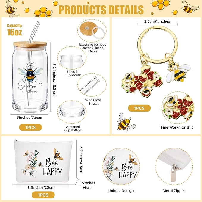 Hushee 3 Pcs Bee Theme Gifts for Mother Day Happy Makeup Bag and Glass Cup with Lid Straw Keychain Inspirational for Mom Friend Sister Coworker