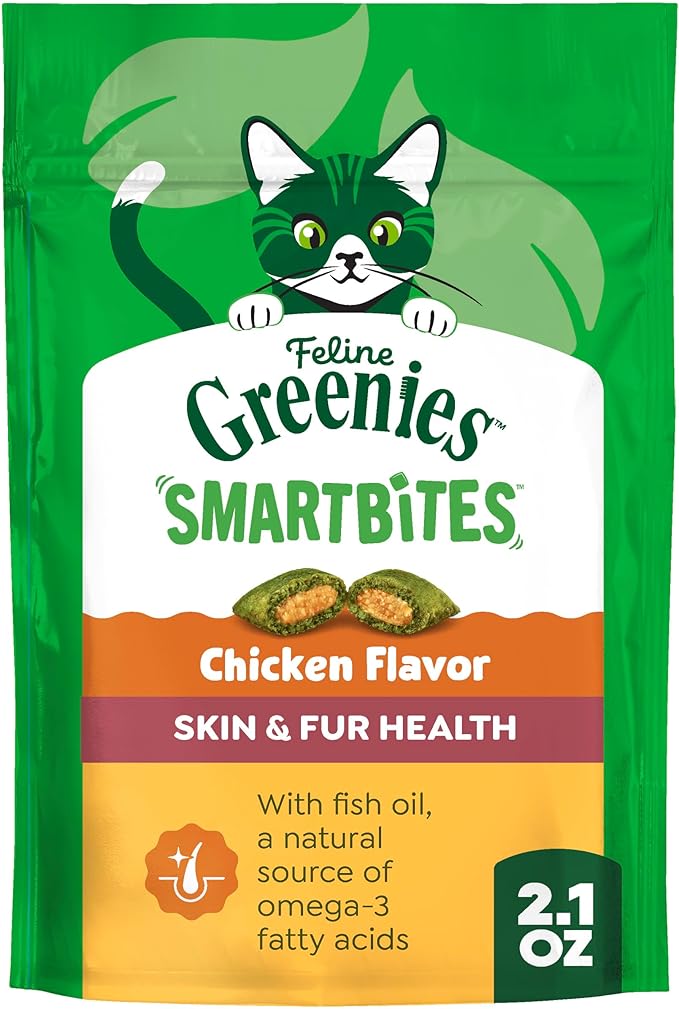 Greenies Cat Treats, Feline Smartbites, Skin & Fur Health, Crunchy and Soft Cat Treats, Chicken Flavor, 2.1 oz. Pack