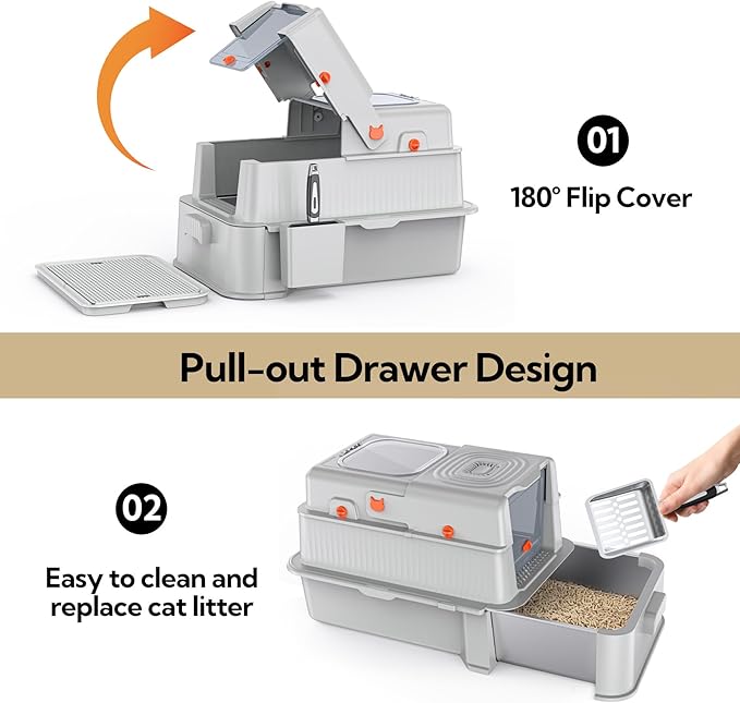 Soulbond Stainless Steel Cat Litter Box with Lid, Enclosed Large Metal Litter Box with Drawer and Flip Door for Big Cats, Top Entry, Odor Control, Easy to Clean (Light Grey)