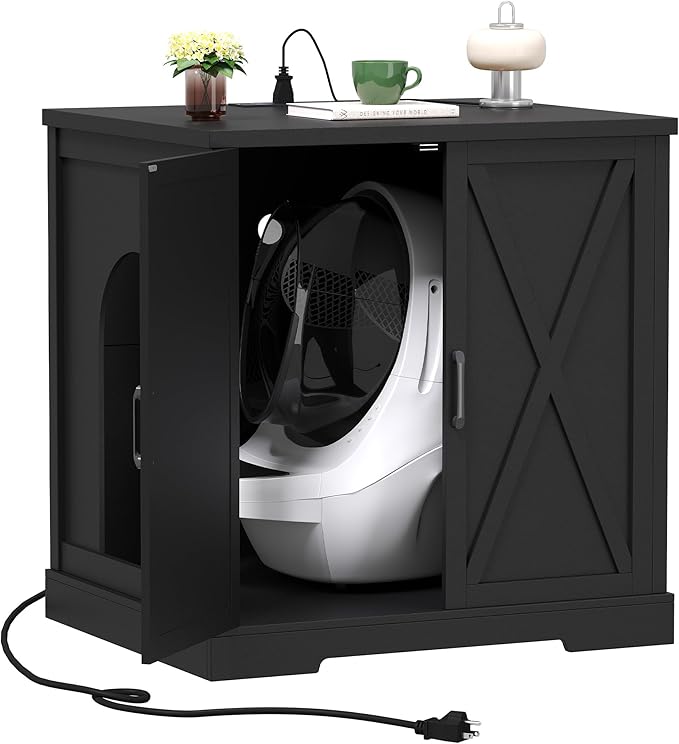 Hey-brother Enclosure for Self Cleaning Cat Litter Box, Large Hidden Litter Box Furniture with Charging Station, Suitable for Automatic Cats Litter Boxes and Robot, Vintage, Black JCLB004BK