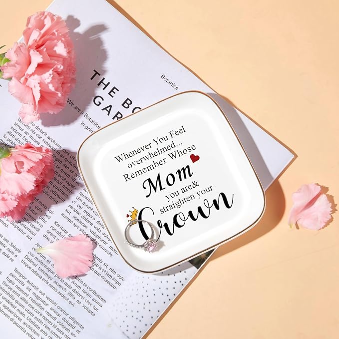 PUDDING CABIN Mom Birthday Gifts Jewelry Dish - Mom Straighten Your Crown - Inspirational Ceramic Trinket Dish for Keys Rings Earrings Organizer, Mothers Day Gift for Mom from Daughter Son