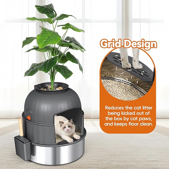 Three-Section Hidden Cat Litter Box, Stainless Steel Litter Box, Cat Litter Box Hidden with Faux Plant & Scoop, Vented Filter for Odor Control, Hidden Litter Box Furniture, Home Decor