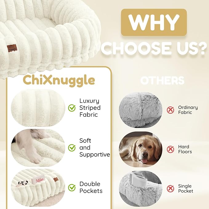 ChiXnuggle Human Dog Bed for Adult - Luxury Striped Faux Fur Giant Dog Bed with Portable Handle, Egg Orthopedic Foam Pad with Thick Blanket, 72"x40"x10", Cream
