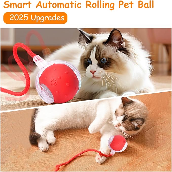 Interactive Cat Toy Balls, 2025 New Interactive Rolling Cat Balls, Upgrade 3.0 Tail Cat‘s Toys with LED Light, Three Modes Smart Automatic Rolling Pet Ball Toy (RED - Birdcall)