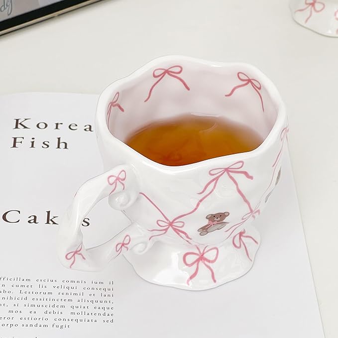 Cute Coffee Mug with Pink Bow Bear, Handmade Kawaii 14 oz Ceramic Mug for Tea Milk Latte Cocoa Funky Novelty Porcelain Cup Birthday Mothers Day Gifts for Women, Valentines Day Gifts for Her