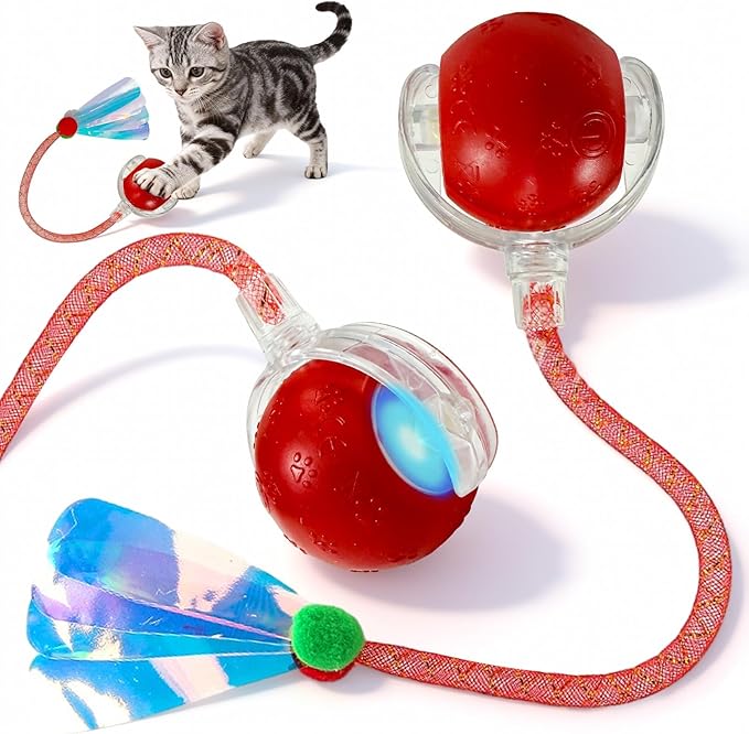 Rocfish Cat Toys, Cat Toys for Indoor Cats, Cat Toys Interactive, 360° Rotating Automatic Interactive Cat Ball, Smart Activation, LED Light, Type-C Rechargeable, 3 Replaceable Dragonfly Tails (Red)