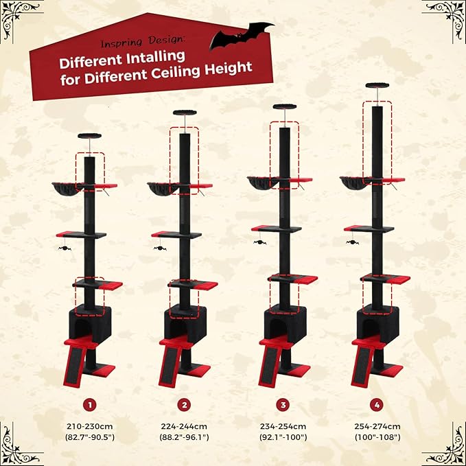 PEQULTI Gothic Cat Tree Floor to Ceiling, Tall Cat Tower, Adjustable Height (83''-108'') 5 Tiers Climbing Tree for Indoor Cats with Cat Condo, Scratching Post and Ladder, Black