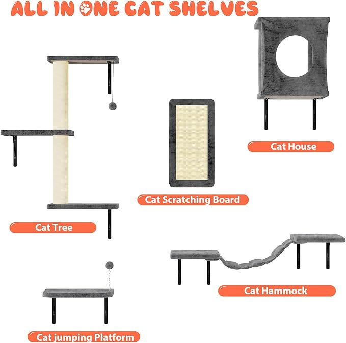 10 Pcs Cat Wall Shelves Set, Wall-Mounted Climber with Cat House, Scratching Post, Bridge, Hammock, Space-Saving Play Furniture, Grey
