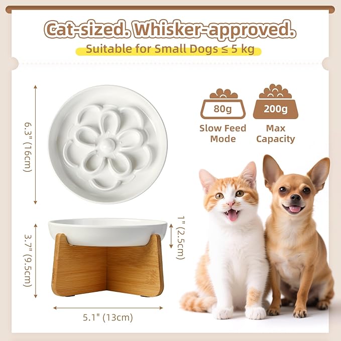 Elevated Slow Feeder Cat Bowl - Melamine Cat Dish with Anti-Slip Bamboo Stand - Whisker Friendly Feeding Bowl - Floral Maze Food Plate for Slow Eating - White