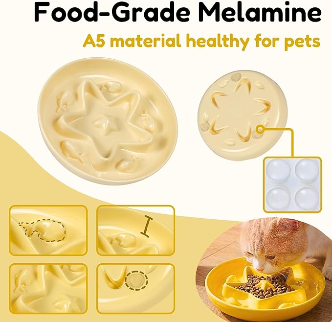 3 Pcs Cat Slow Feeder Bowl – Whisker Friendly Melamine Puzzle Feeding Cat Bowl for Slow Eating – Wet & Dry Food – Dishwasher Safe, Lightweight, Non-Slip (Blue + Buttercream + Green, 6.3'')