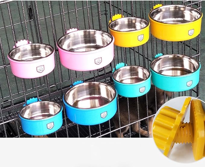 DEVILMAYCARE Pet Feeder Dog Bowl Stainless Steel Food Hanging Bowl Crates Cages Dog Parrot Bird Pet Drink Water Bowl Dish Accessory (L: 6''x2.2'', Pink)