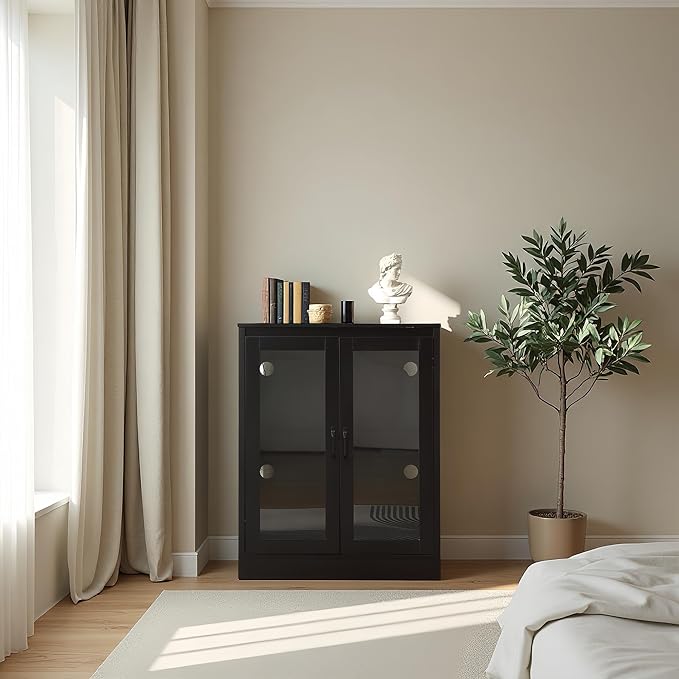 Cat Litter Enclosure with Cat-Viewing Glass Doors, Litter Cabinet with Power Outlet and Cozy LED Lights, Reversible and Optional Entry, Black