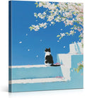 Cute Cat Floral Blue Wall Art Decor Cherry Blossom Kitten Print Picture Cat Lover Gifts Wall Decor for Home Living Room Bedroom 8x10 Inch Canvas Framed
