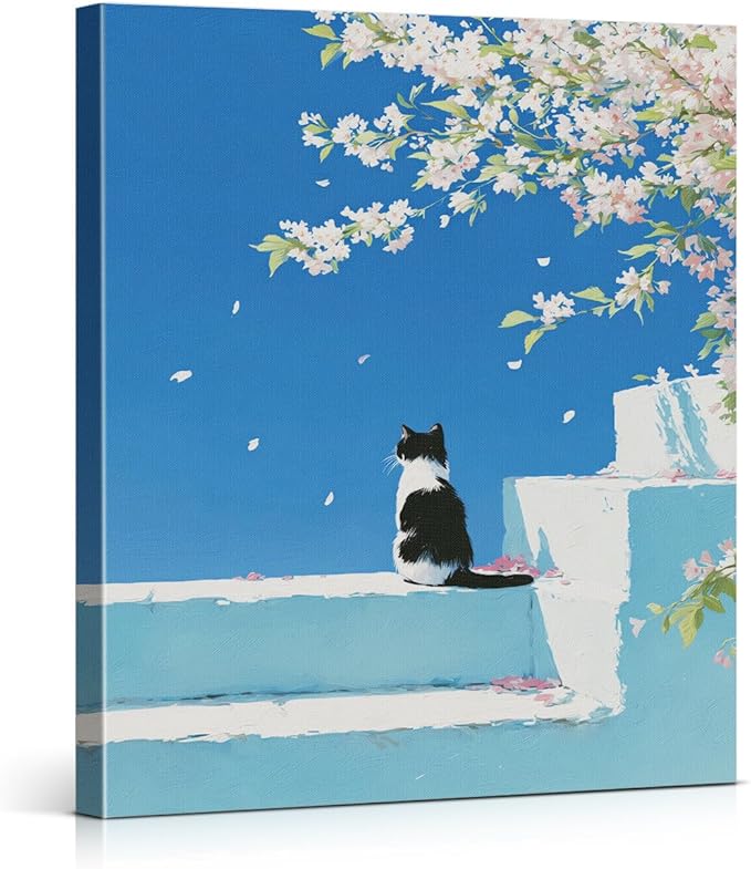 Cute Cat Floral Blue Wall Art Decor Cherry Blossom Kitten Print Picture Cat Lover Gifts Wall Decor for Home Living Room Bedroom 8x10 Inch Canvas Framed