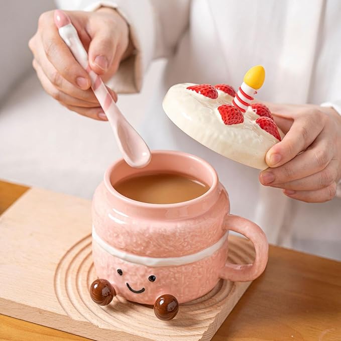 Adorable Cake Ceramic Coffee Mug, 400ml Cute funny Mug For Women, Cake Shaped Aesthetic Mugs Tea Cup with Lid Spoon for Birthday Valentines Day Home Office School